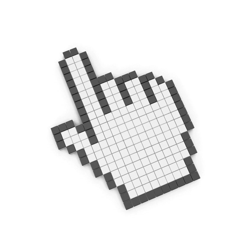 Pixelated white hand cursor icon with its index finger pointing upward, outlined in black, against a green background.