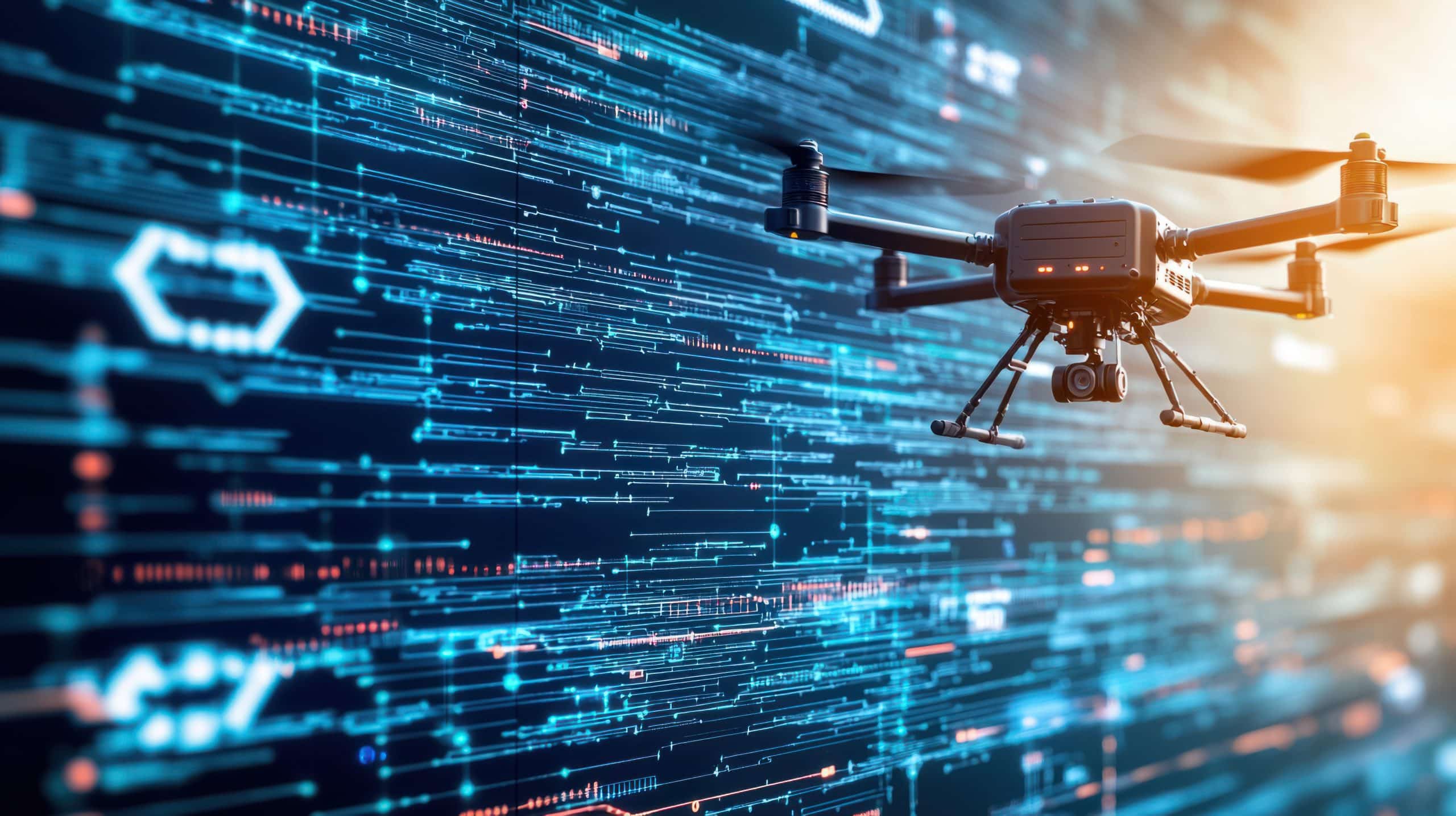 A black drone with a camera hovers indoors in front of a digital screen displaying blue and orange data visualizations.