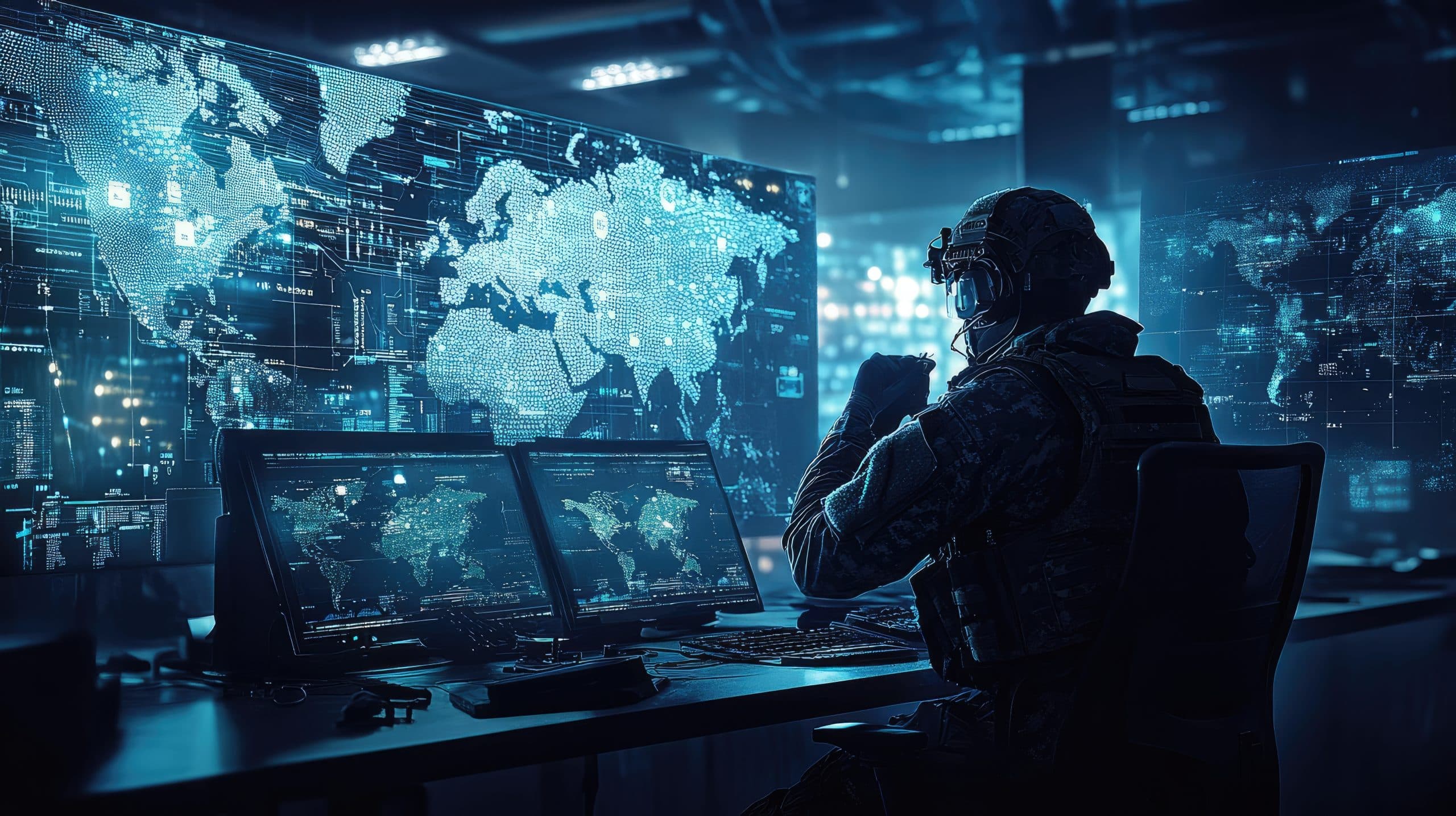 A person in military gear sits at a desk with multiple monitors displaying digital world maps and data in a dimly lit room.