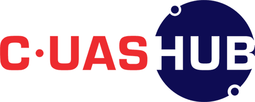 C-UASHUB logo with "C-UAS" in red and "HUB" in dark blue, featuring a dark blue partial circle with small circular accents.