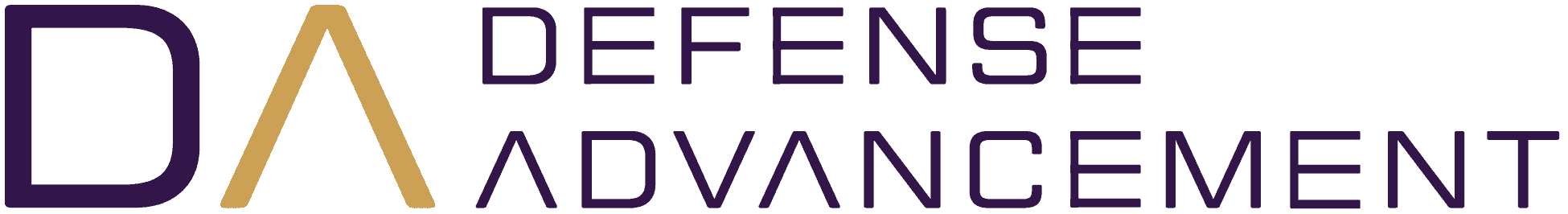 Logo with large initials "DA" on the left, the "A" in gold, followed by the words "DEFENSE ADVANCEMENT" in purple, all on a transparent background.