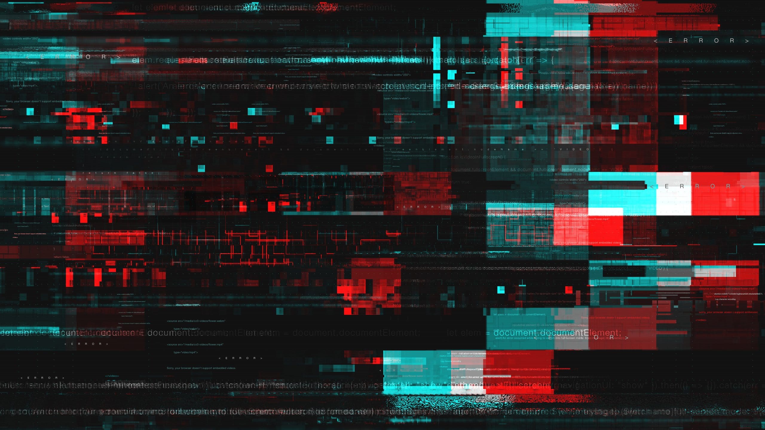 Glitchy digital screen with red and teal pixelated lines, blocks, and distorted text on a black background, resembling a corrupted HDMI encoder or malfunctioning display.