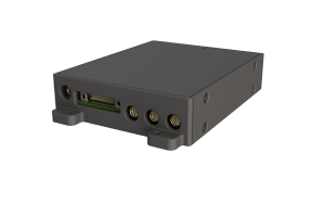 A rectangular black electronic device with a multi-pin connector and three circular ports on one side, shown on a plain background.