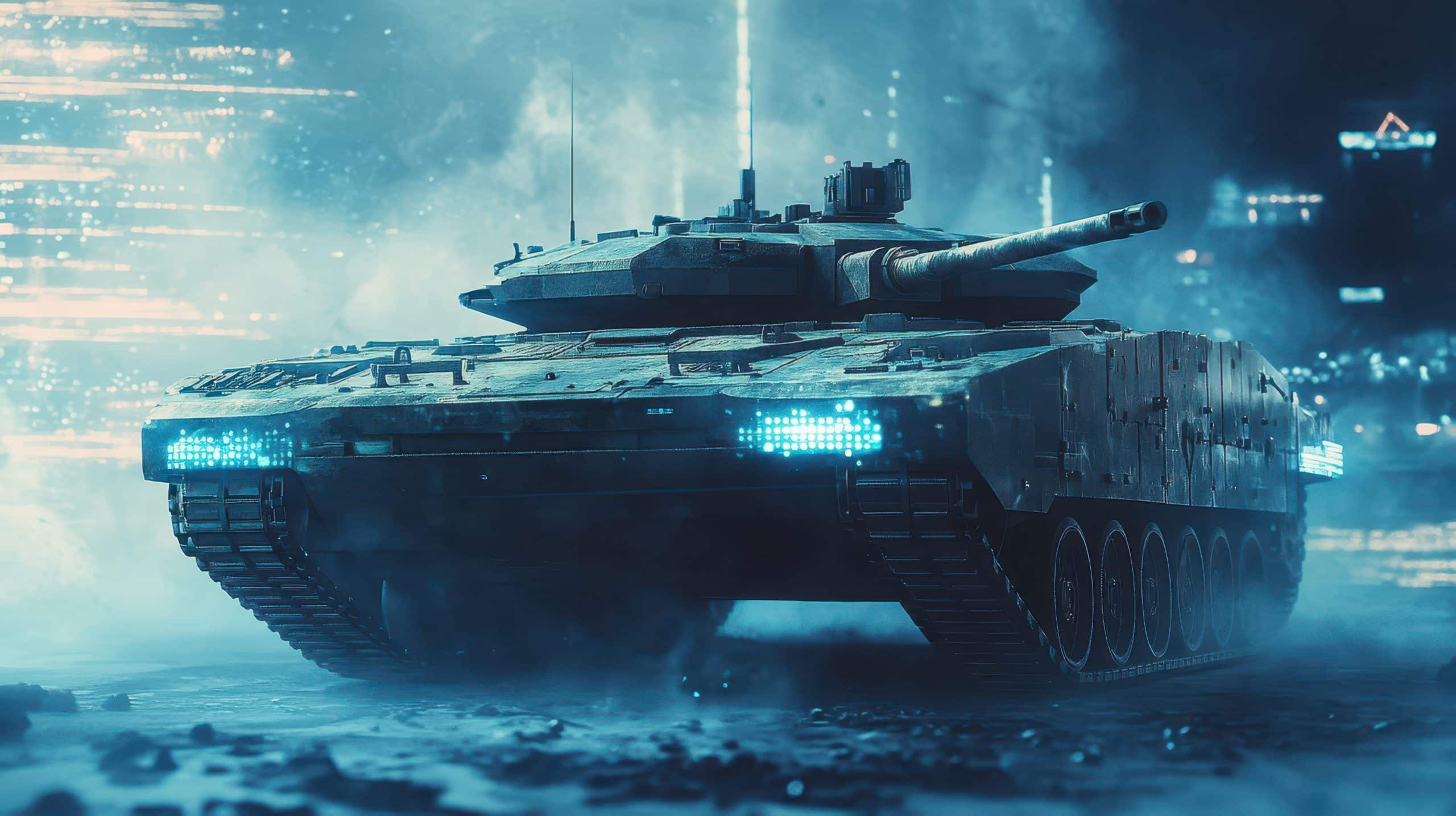 A modern military tank with illuminated blue lights is positioned on a misty, futuristic urban battlefield at night, equipped with AI-powered situational awareness for advanced operations.