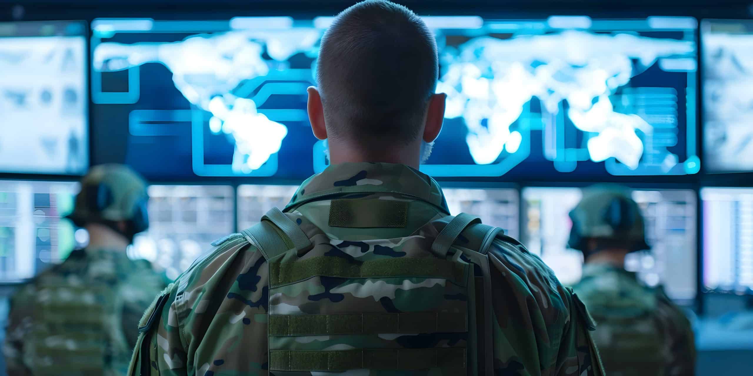 A soldier in camouflage uniform stands facing large digital screens displaying world maps, enhancing battlefield situational awareness, with two other personnel also monitoring the screens.