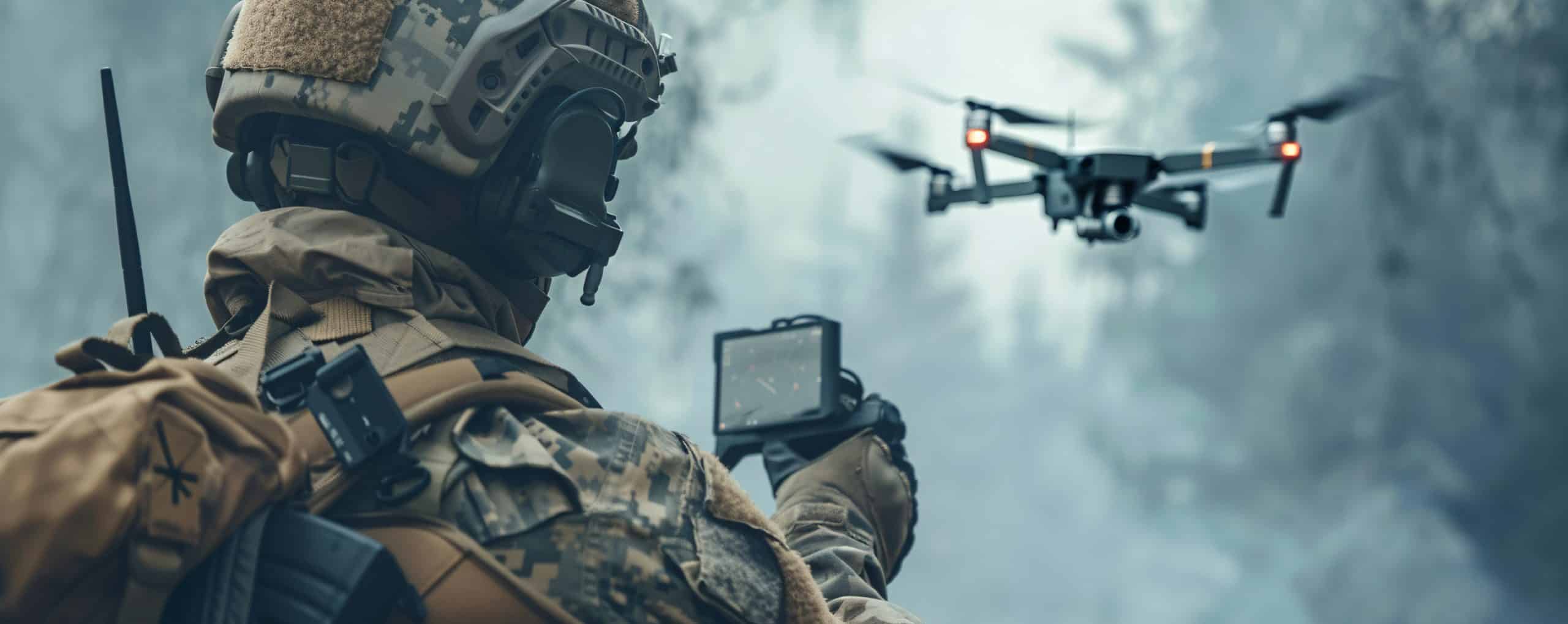 A soldier in camouflage gear operates a drone using a handheld controller in a forested, misty environment.